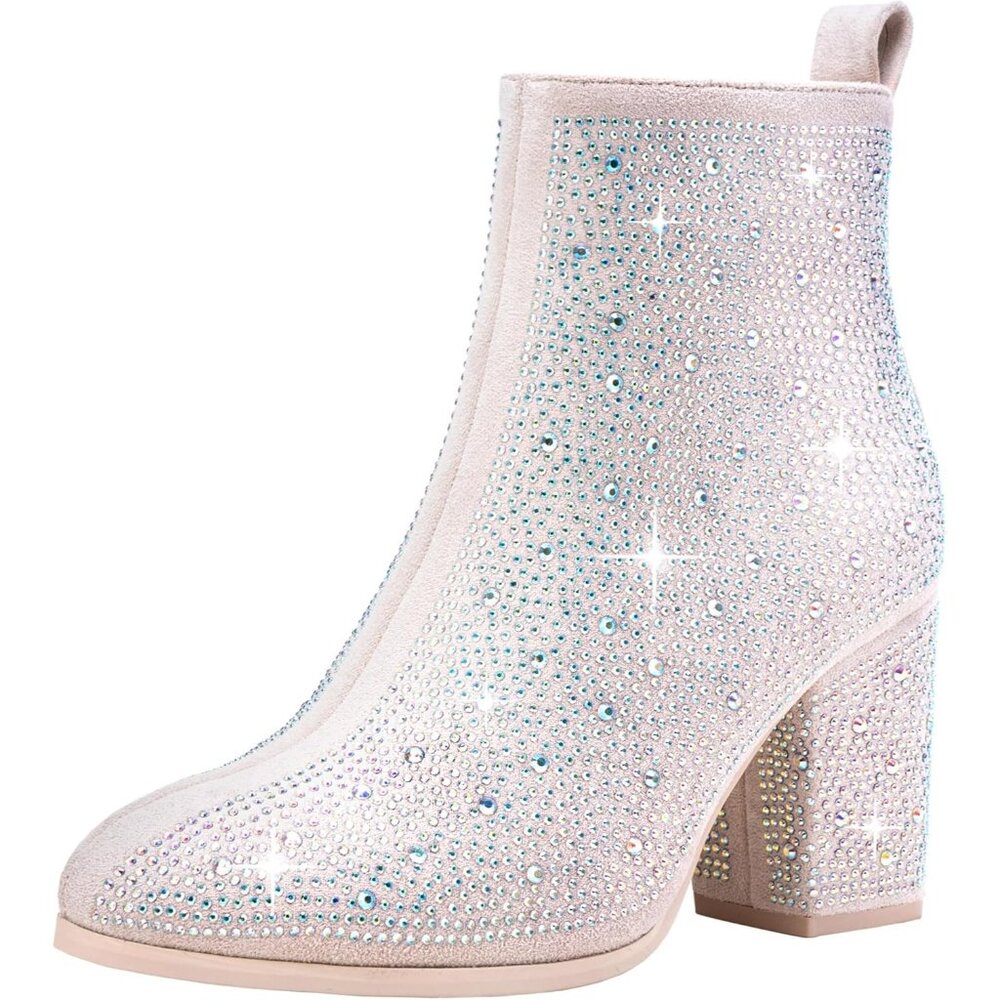 Jeossy Ankle Boots Women's Sparkly Rhinestone Faux Leather Block Heel Booties